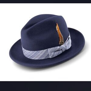 MONTIQUE NAVY 2 1/4" BRIM, 100% WOOL FELT FEDORA HAT WITH STRIPE RIBBON. H2360